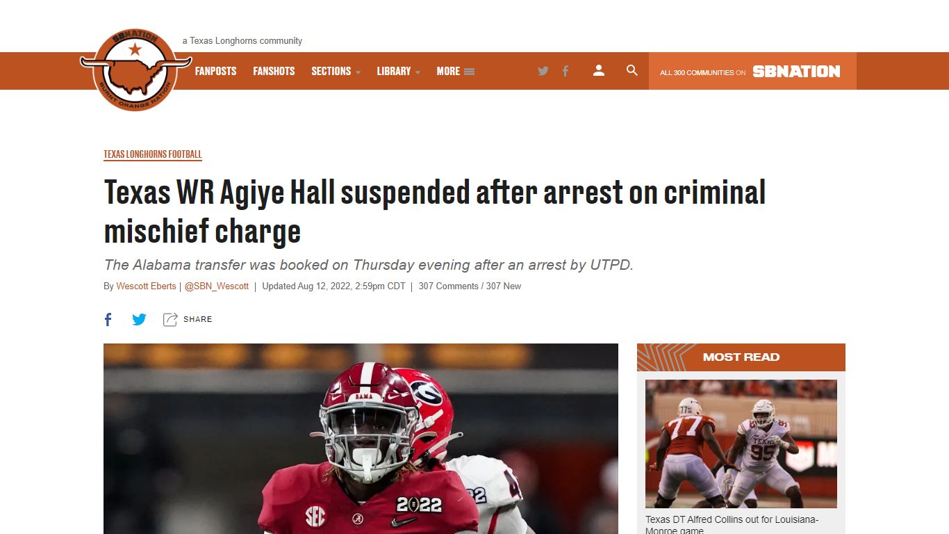 Texas WR Agiye Hall suspended after arrest on criminal mischief charge ...